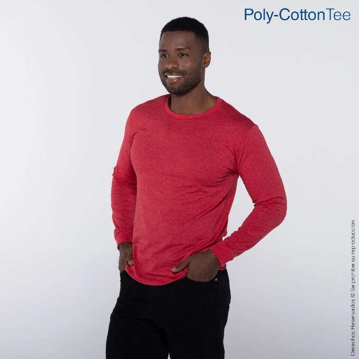 [C0354P24130C] Polera Cuello Redondo Manga Larga para Caballero · 50% Algodón 50% Poliéster (Rojo Jaspe, S)